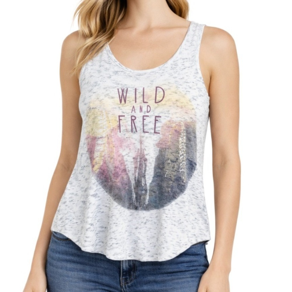 Mighty Fine Womens Wild and Free Graphic Tank‎ Top Gray Space Dye Ribbed Small